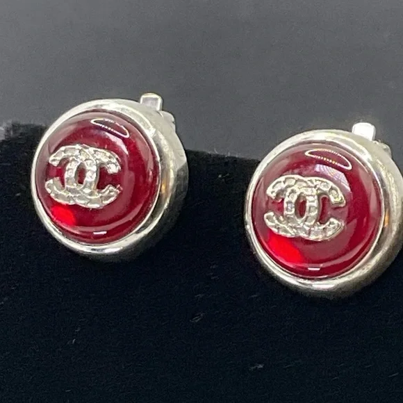 Chanel Silver and Red Gripoix Clip Earrings